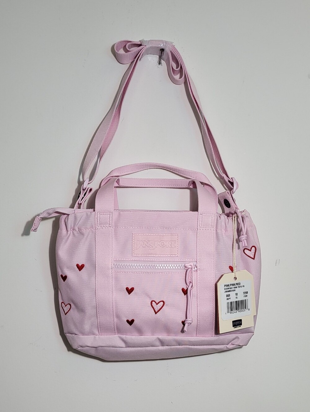 Jansport Pink Canvas Tote with Heart Embroidery and Adjustable Strap